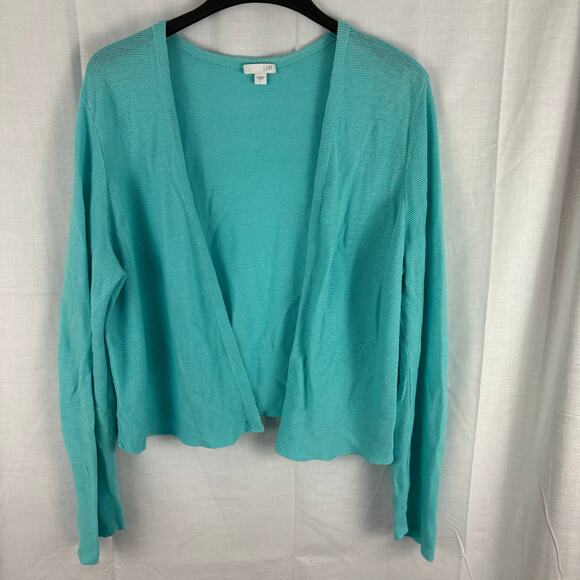 J Jill  Cardigan Sweater SZ Large Open Front Teal Blue Linen Blend Long Sleeve - Picture 1 of 6